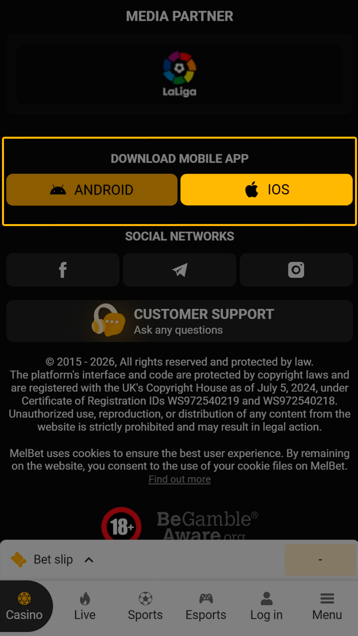Access the iOS application page on Melbet website.
