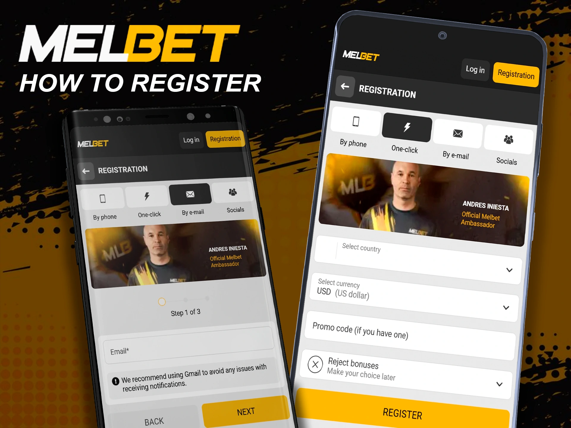 Create a new Melbet account using mobile app.