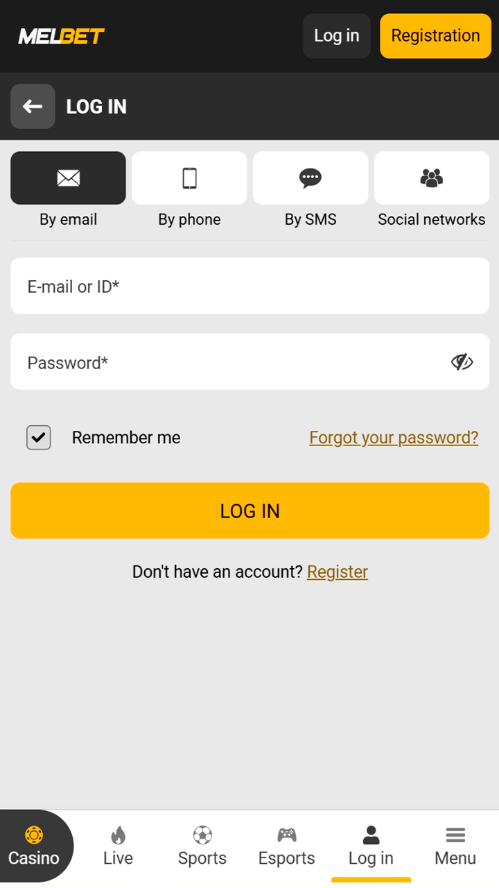 Secure login page for users in Melbet app.