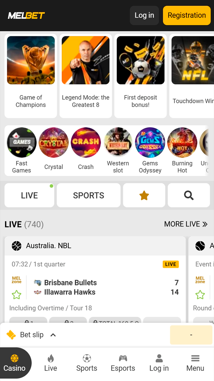 Main screen of the Melbet official mobile application.