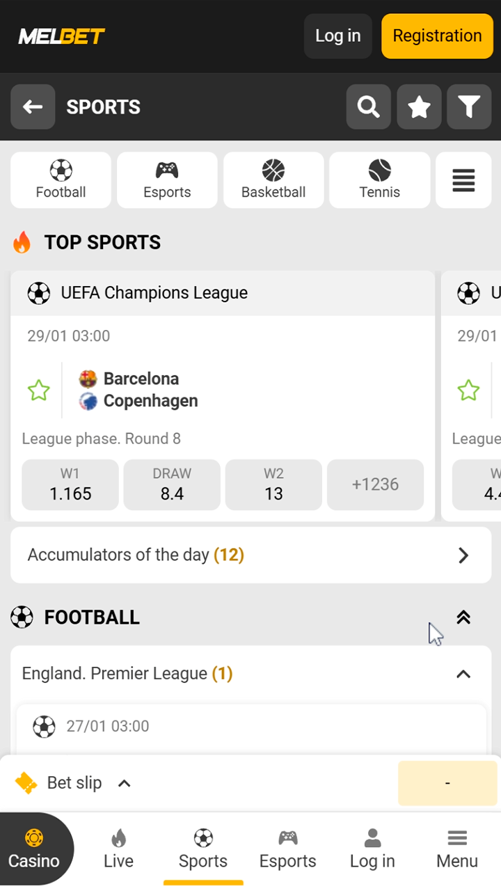 Sports betting markets and odds in Melbet app.