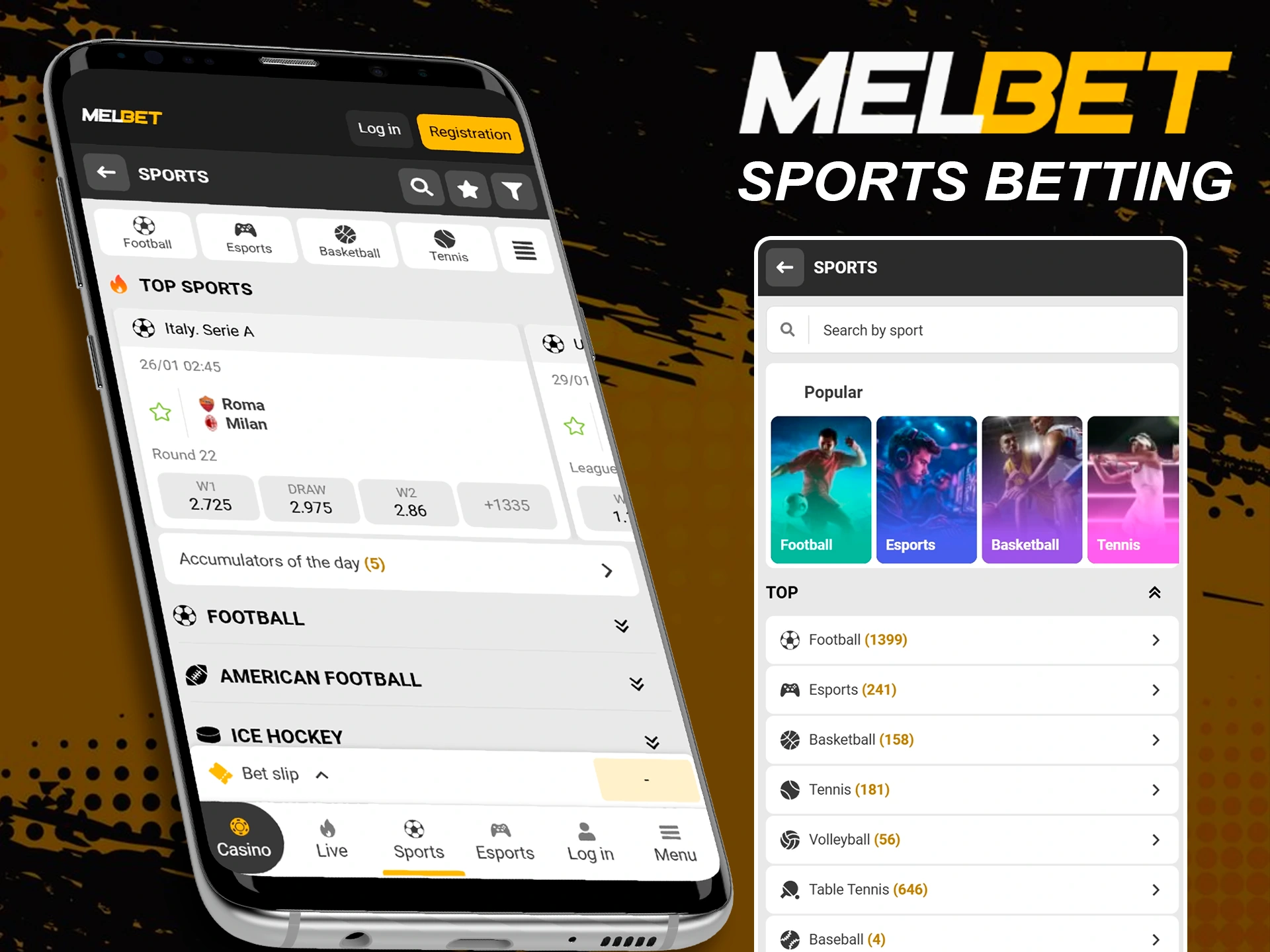 Sports betting options available in the Melbet app.