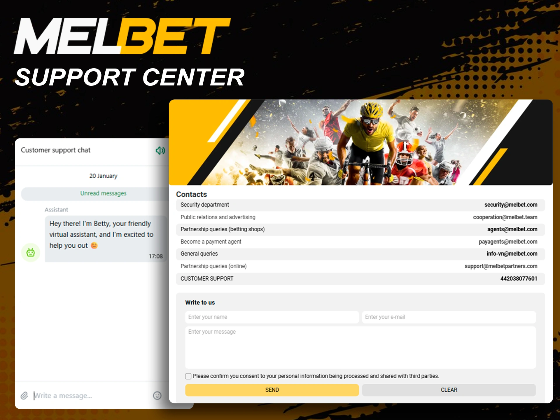 Contact the 24/7 Melbet customer support center.