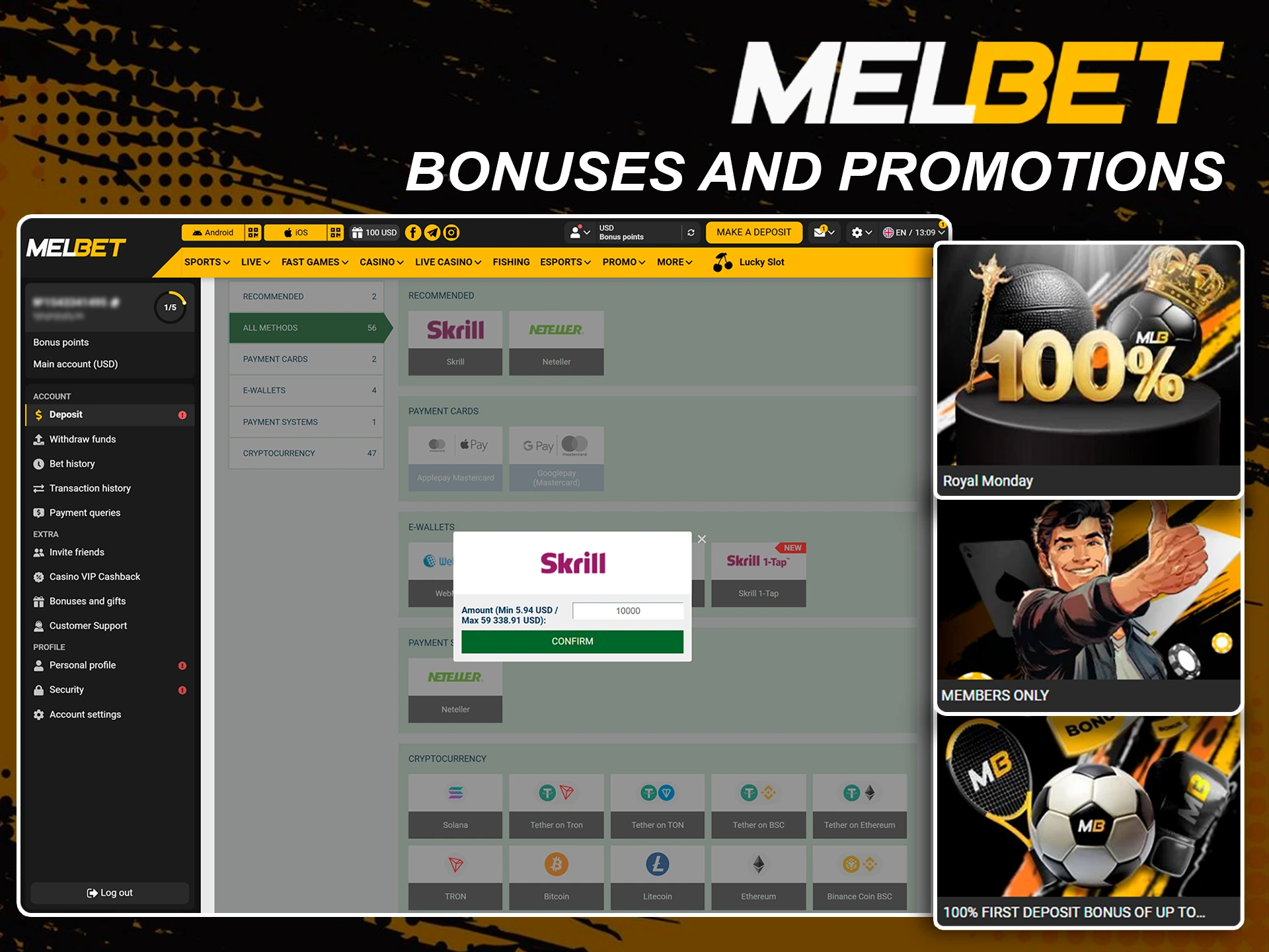 Claiming Melbet bonuses for your first account deposit.