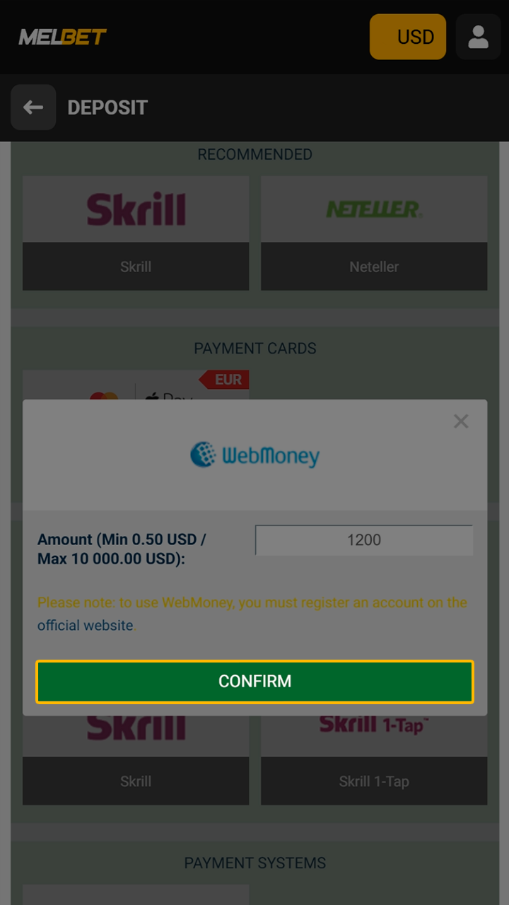 Authorizing a secure deposit via Melbet mobile app.