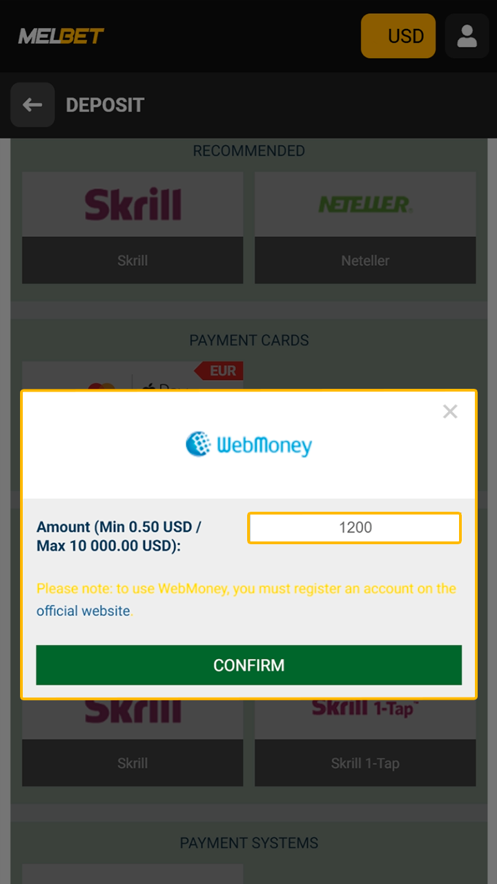Entering deposit details in the Melbet mobile interface.