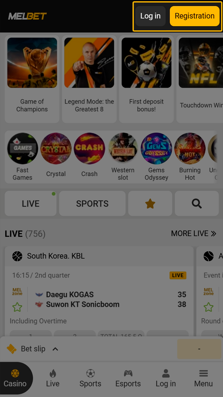 Sign in to Melbet mobile app for deposits.