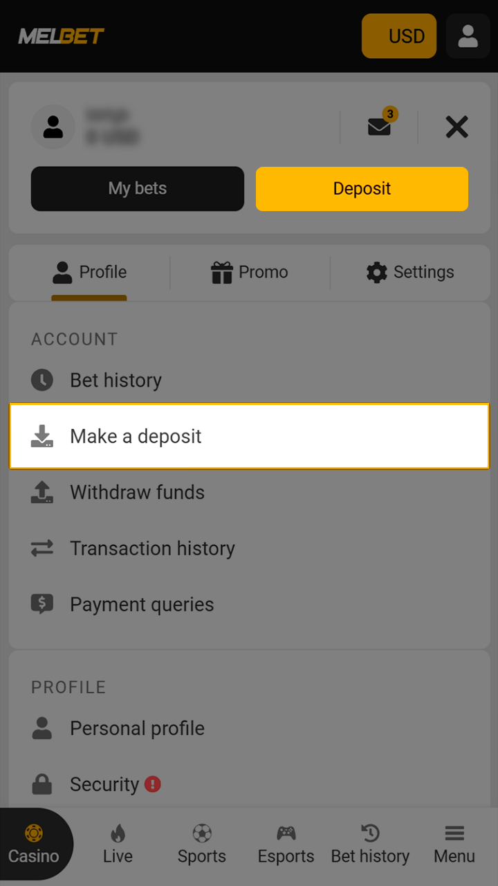 Finding the deposit menu in Melbet mobile app.