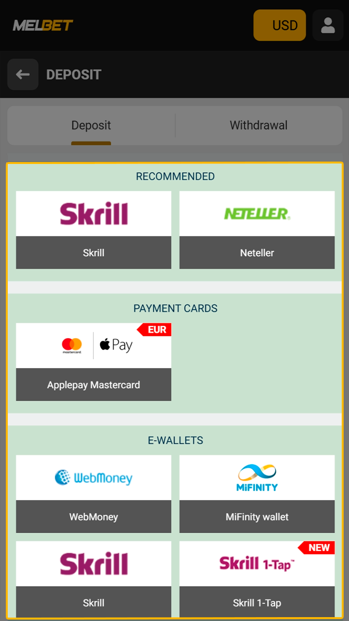 Choosing mobile payment options within the Melbet app.
