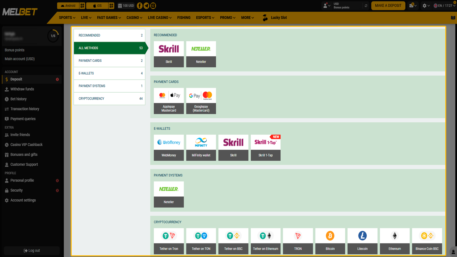 Selecting the best payment method for Melbet account.