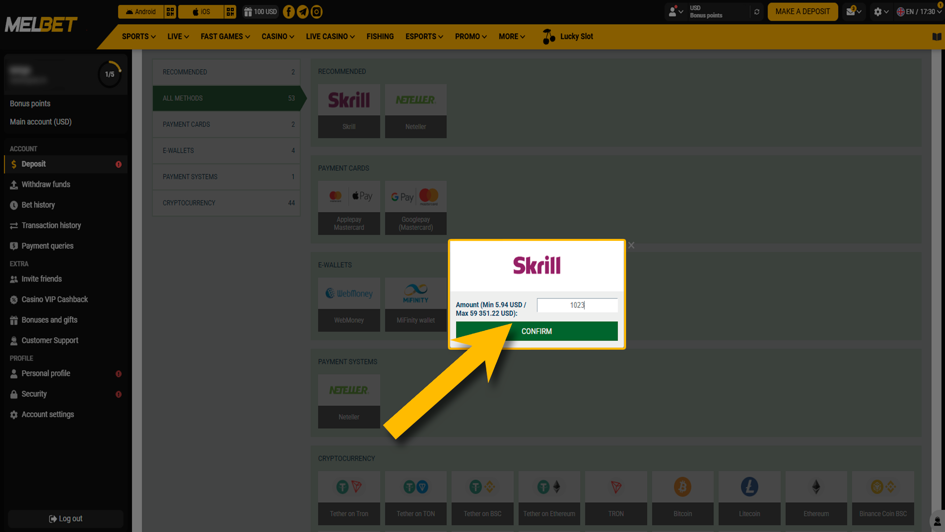 Final step to complete your Melbet deposit transaction.