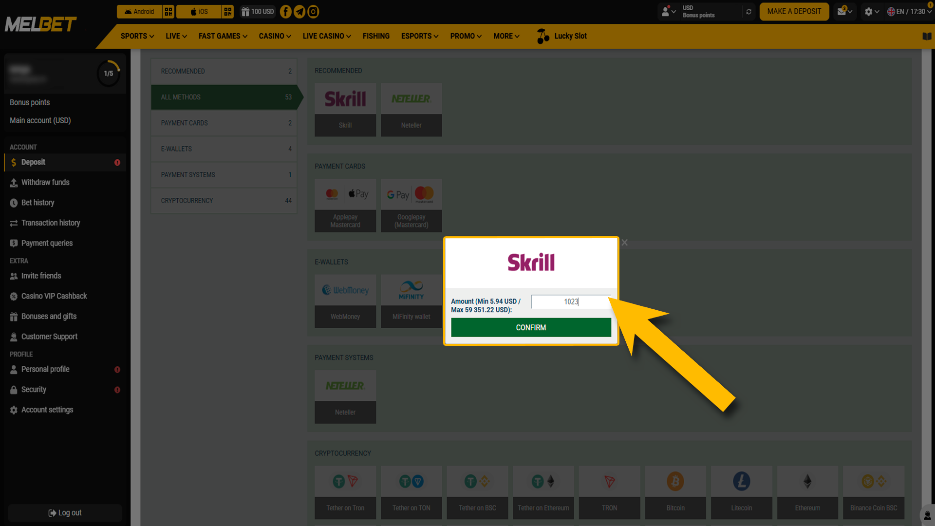 Specifying the amount to deposit into Melbet wallet.