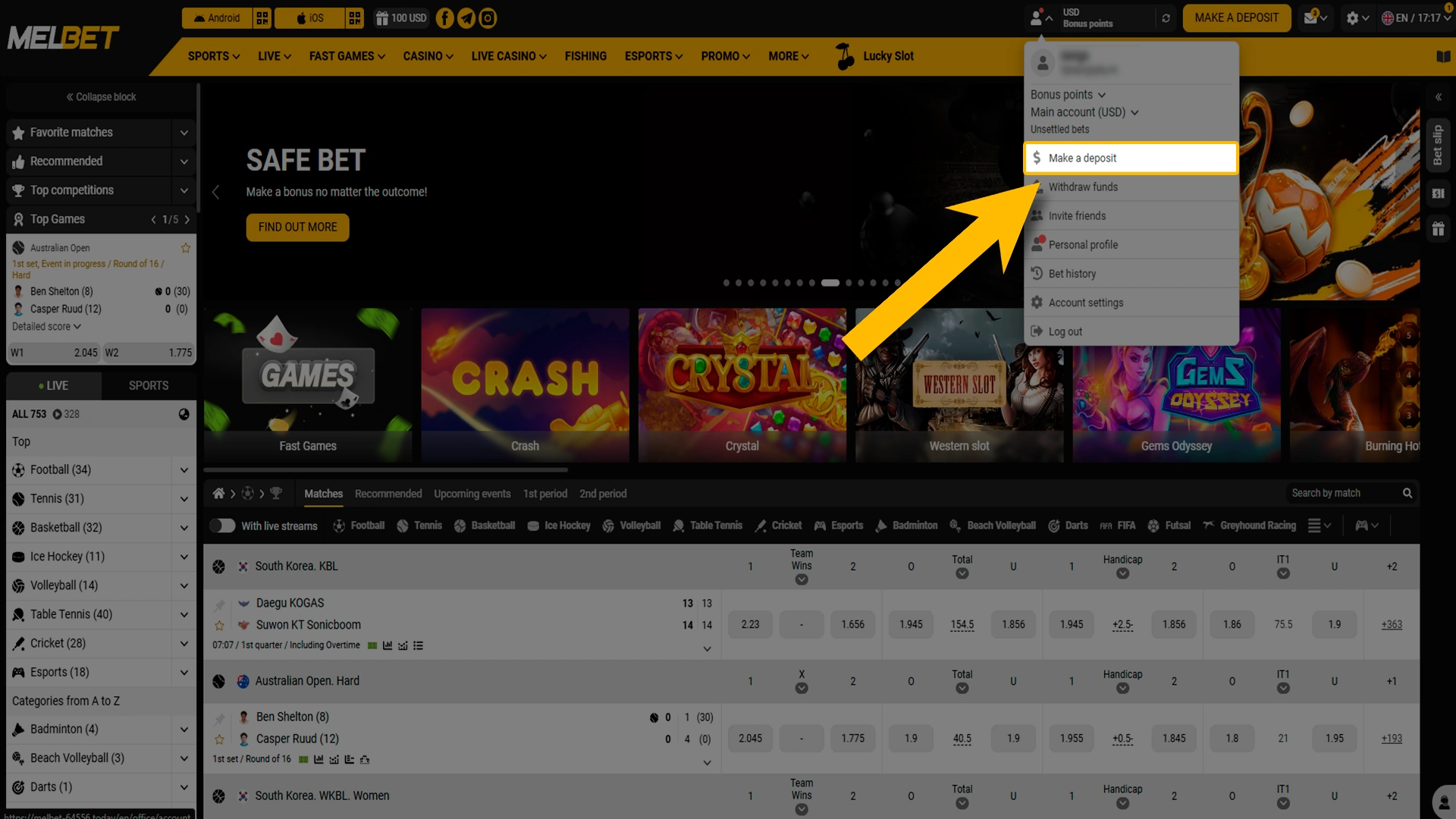 Navigate to the deposit area on Melbet website.