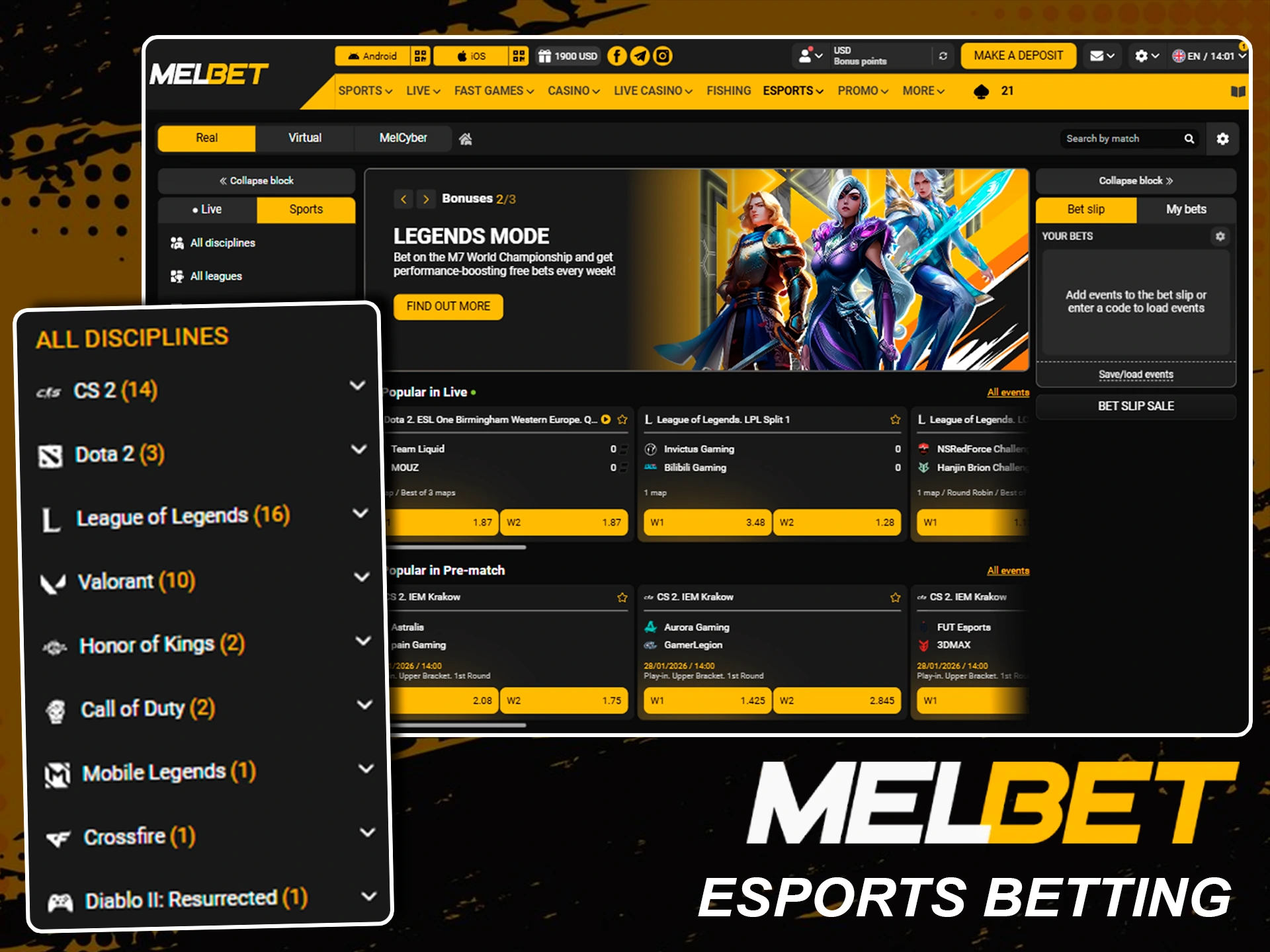 Major esports tournaments and betting options at Melbet.