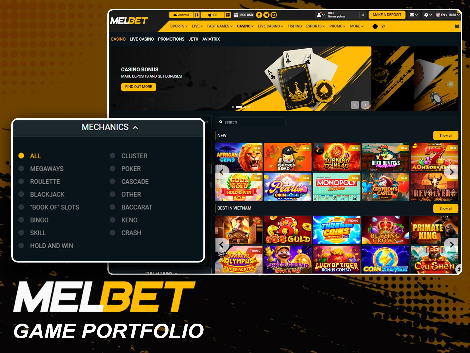 High-quality game library available in the Melbet casino.