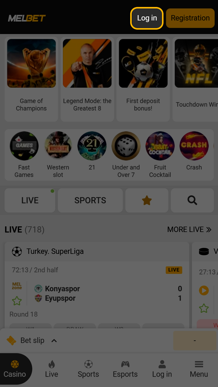 Location of the Melbet account login button on screen.