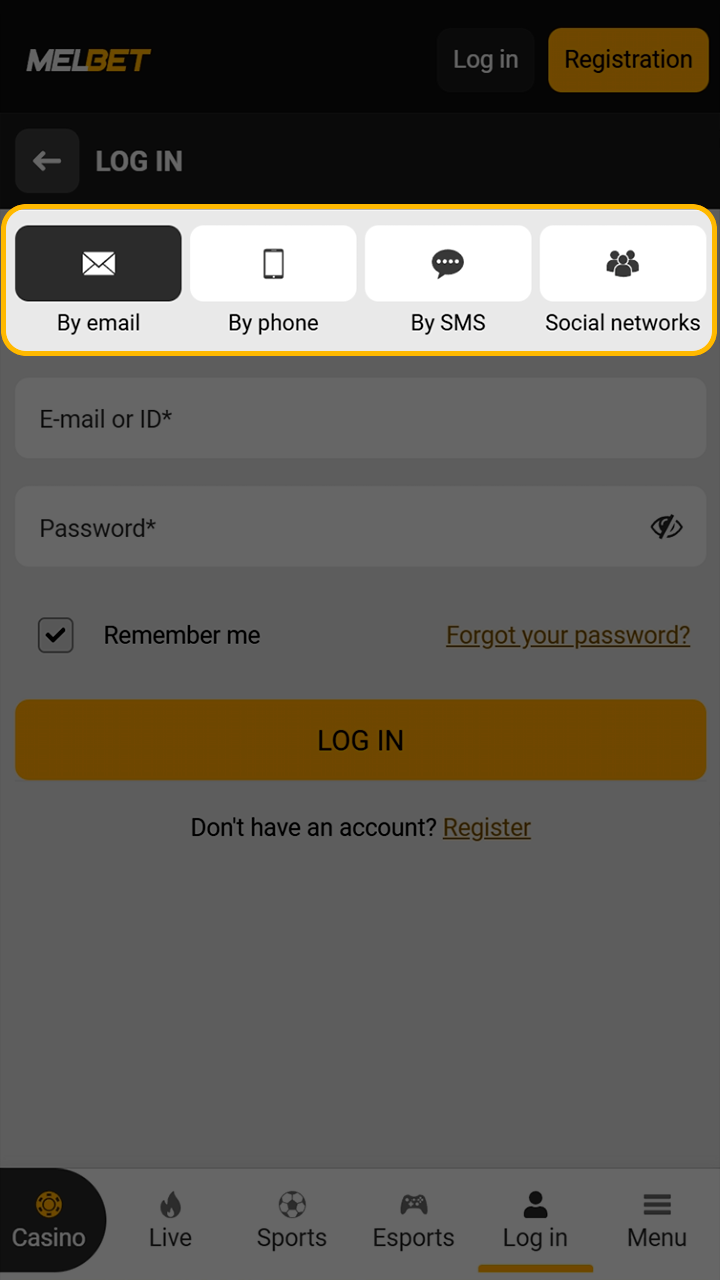 Available methods to sign in to your Melbet account.