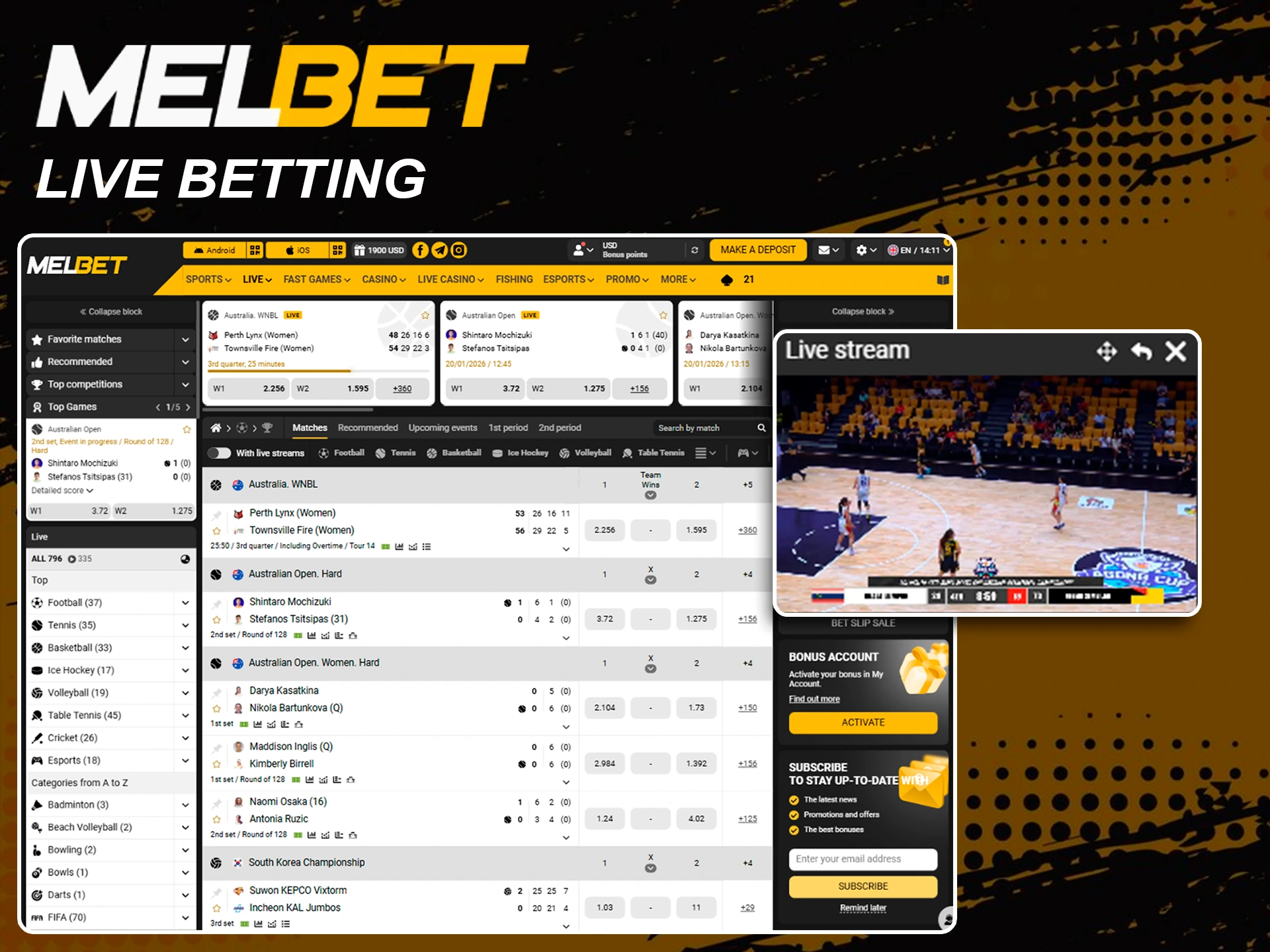 Real-time live sports betting interface on Melbet.