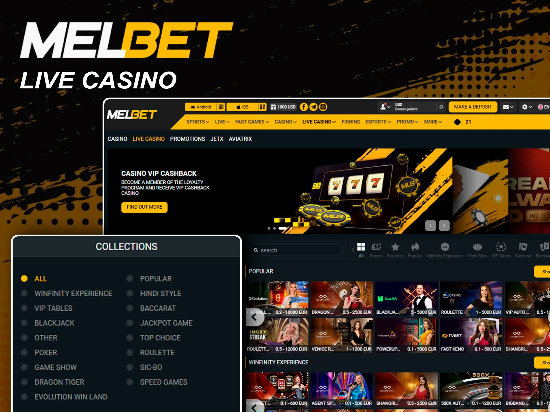 Live dealer games for an immersive Melbet casino experience.