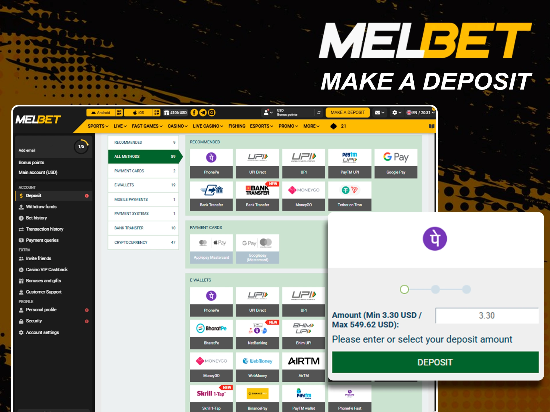 Quick steps to deposit funds into your Melbet account.