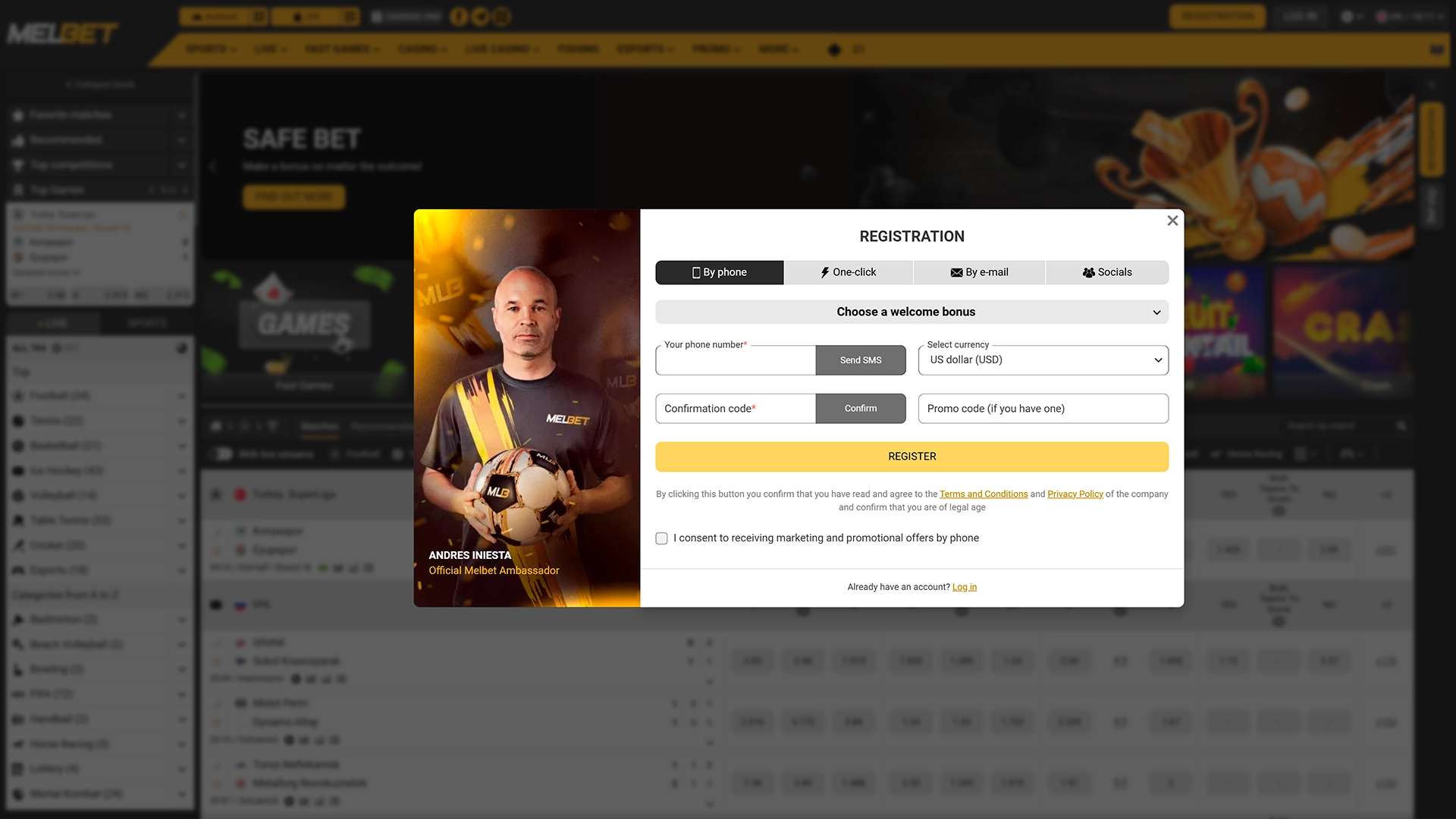 Official registration form to create a new Melbet account.