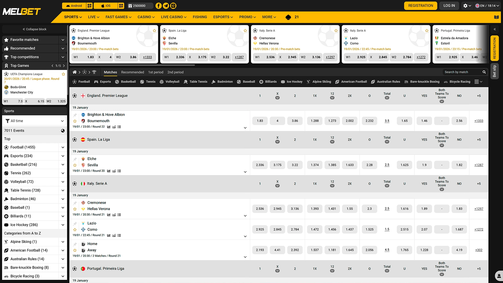 Comprehensive sports betting markets and events on Melbet.
