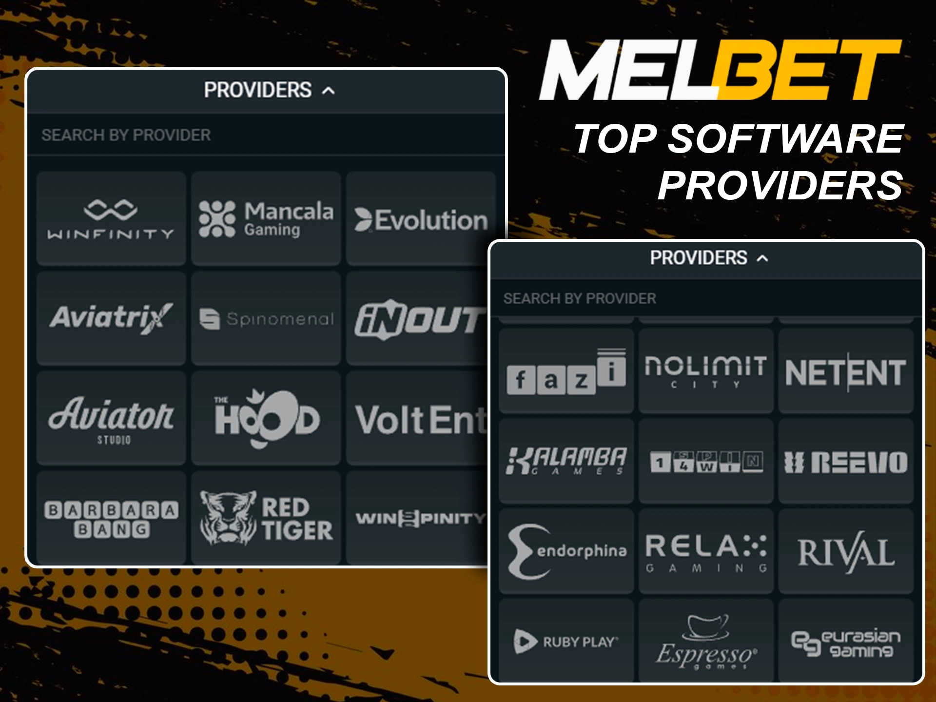 Leading game developers powering the Melbet casino platform.