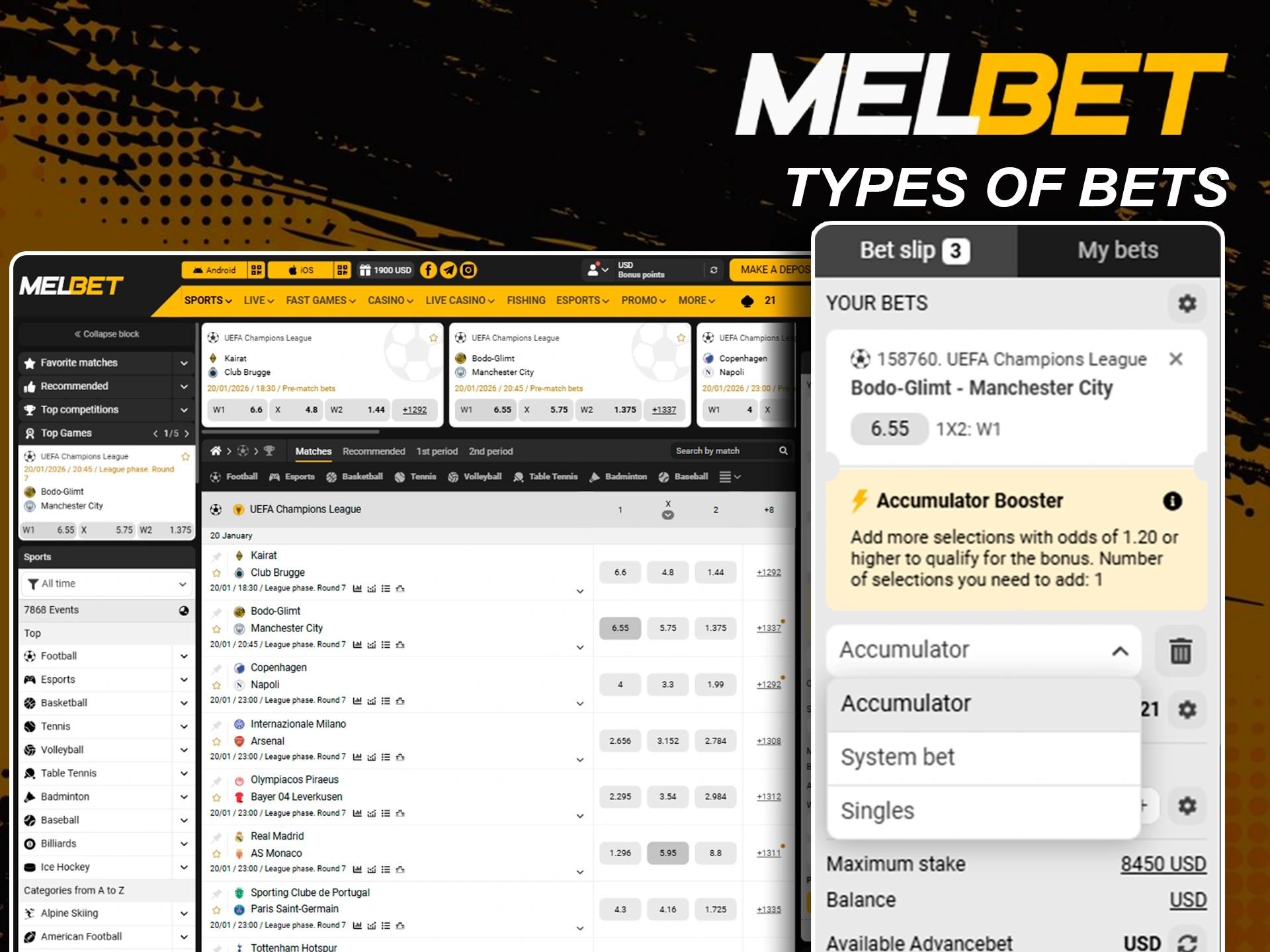 Different betting formats and types supported by Melbet.