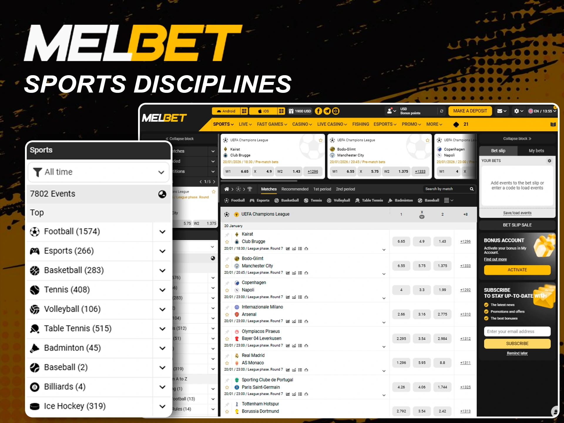 Variety of sports available for betting on Melbet.