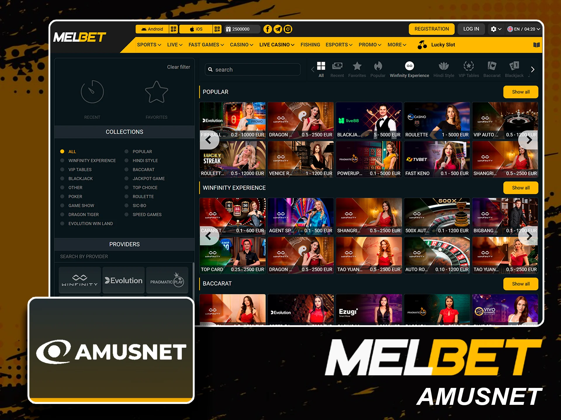 Premium Amusnet live casino games available on Melbet.