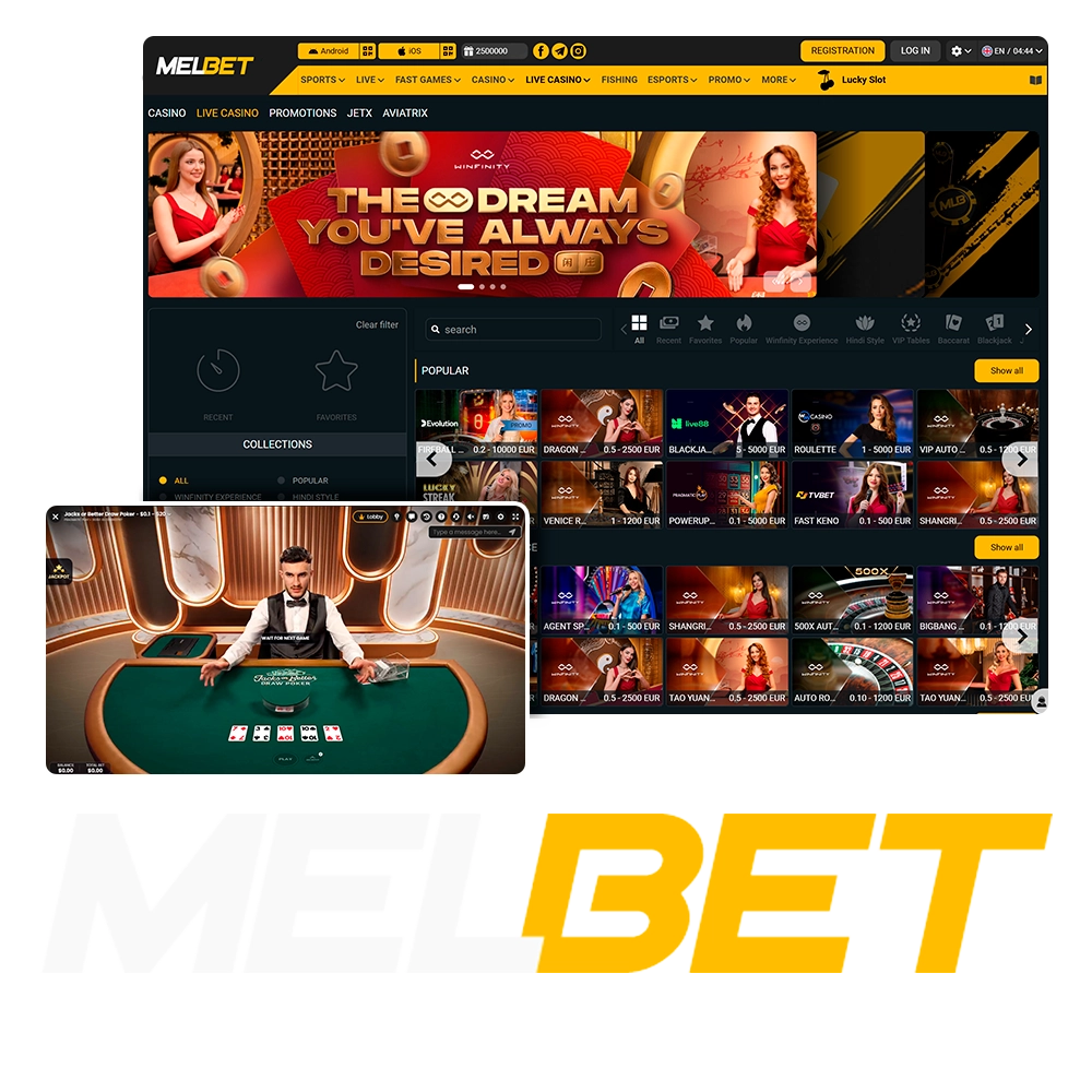 Play live dealer casino games at official Melbet.