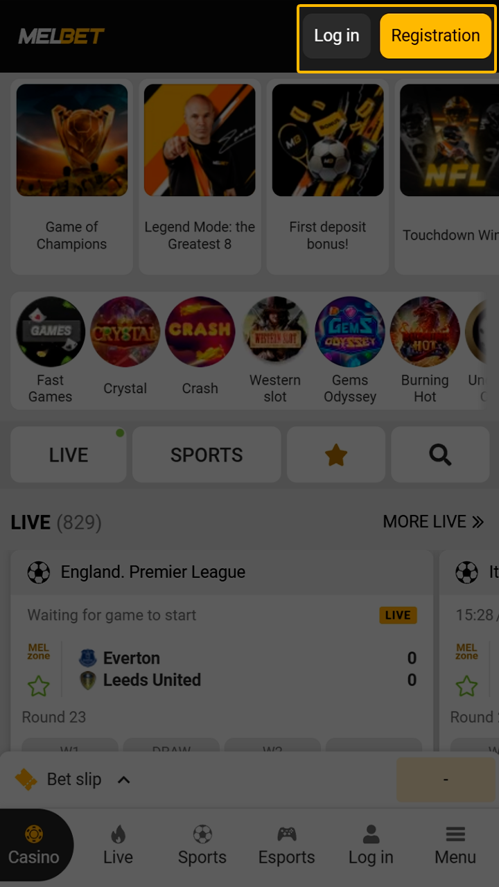 Log in or register a new account on Melbet.