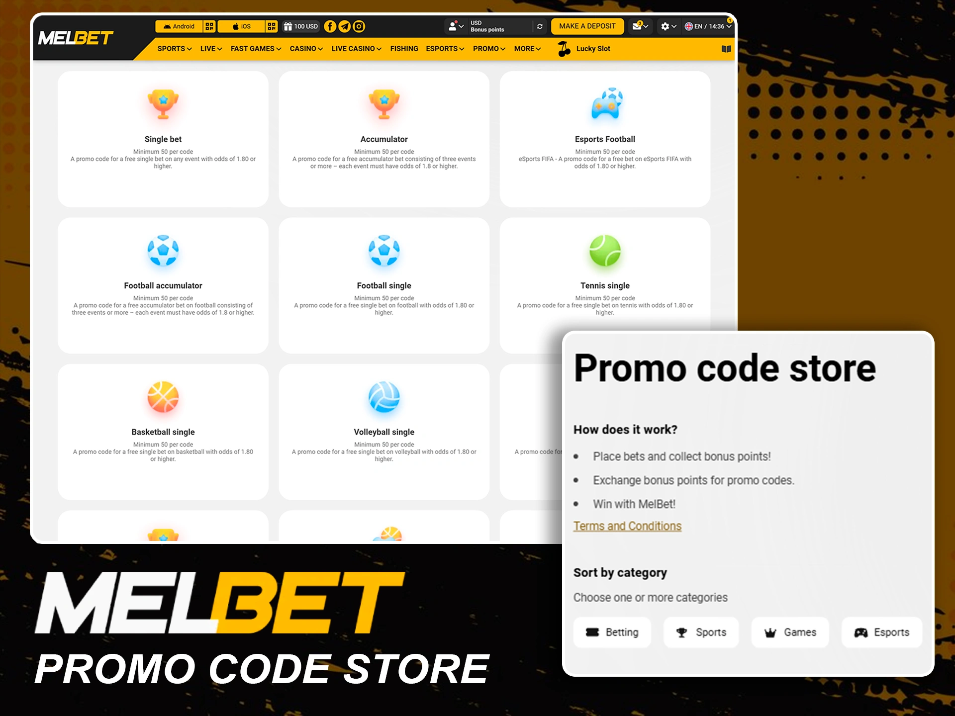 Exchange your loyalty points for codes in Melbet store.