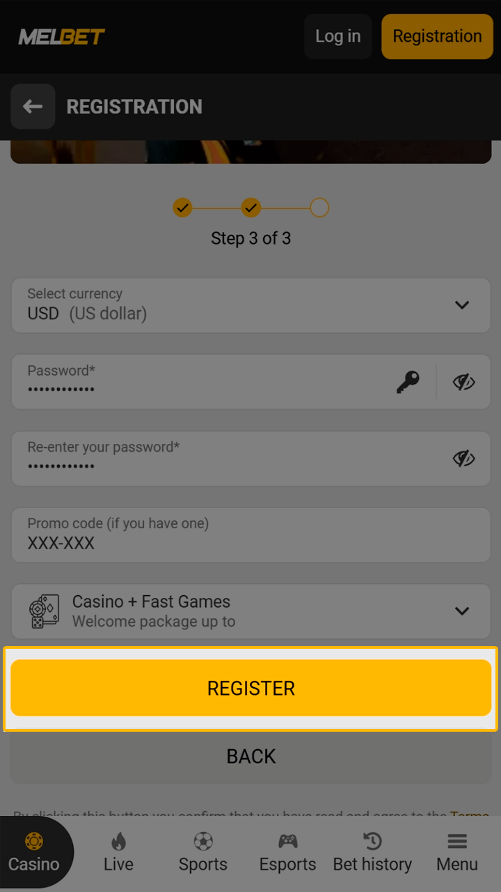 Verify your identity and access your Melbet mobile account.