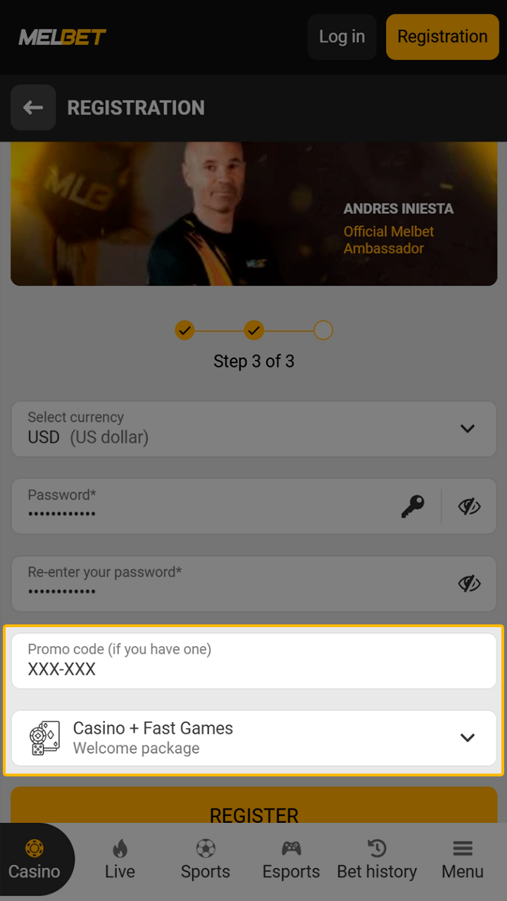 Choose your mobile welcome bonus during Melbet app registration.