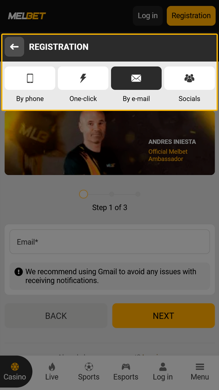 Launch the mobile sign-up process within the Melbet app.