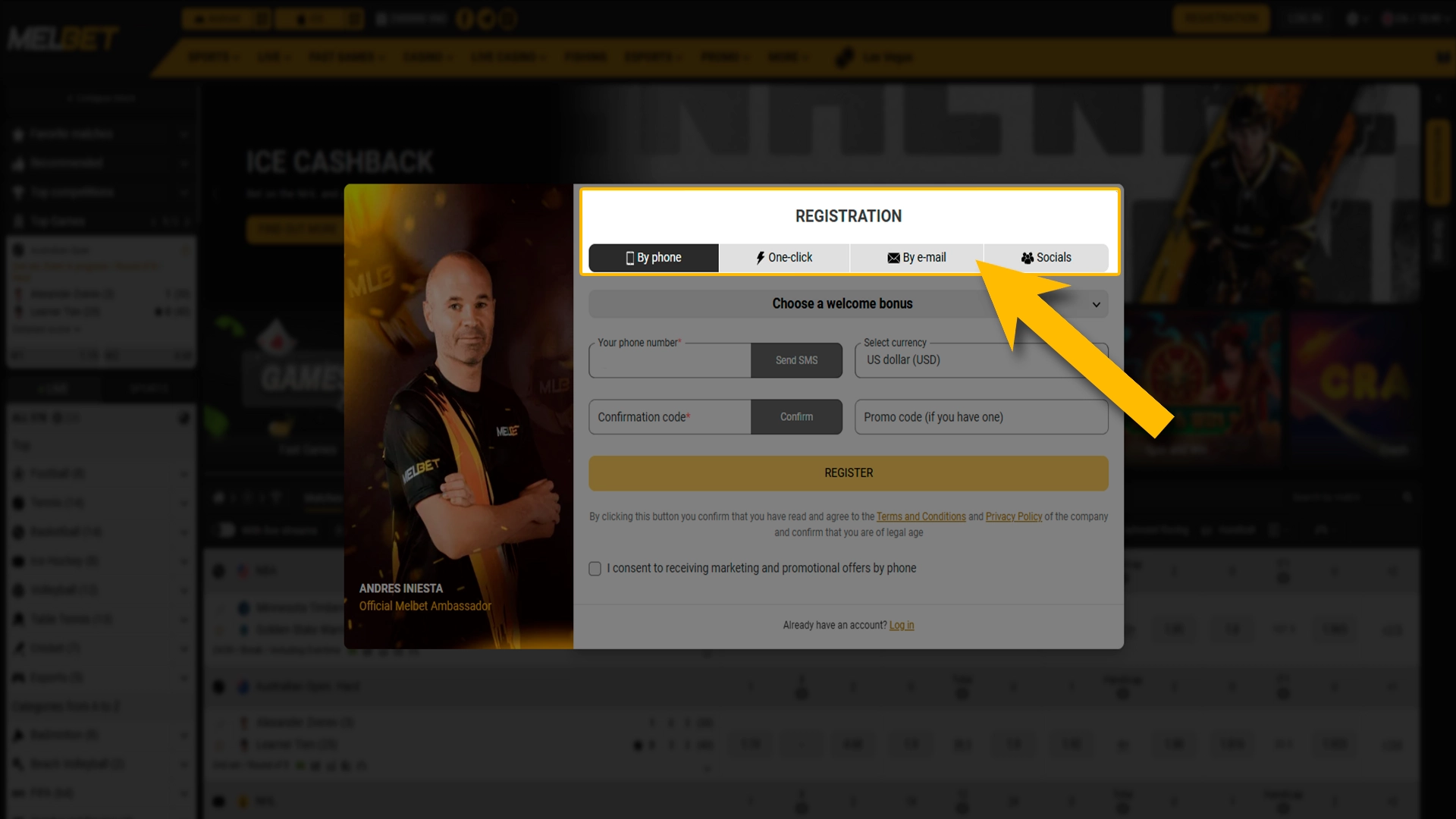 Select your preferred way to join the Melbet betting platform.