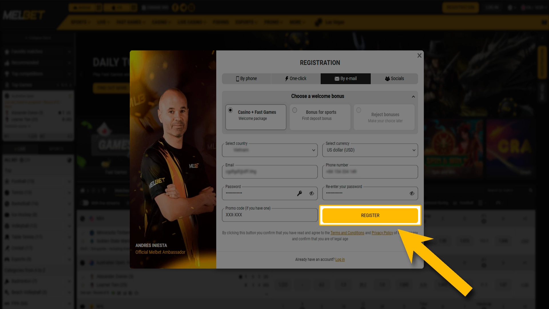 Finalize the sign-up process to activate your Melbet profile.