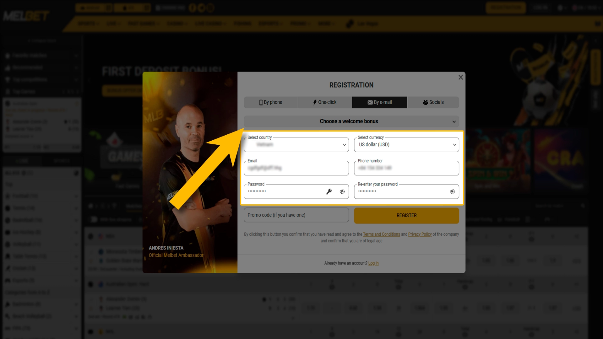 Fill in the required personal information for Melbet account setup.