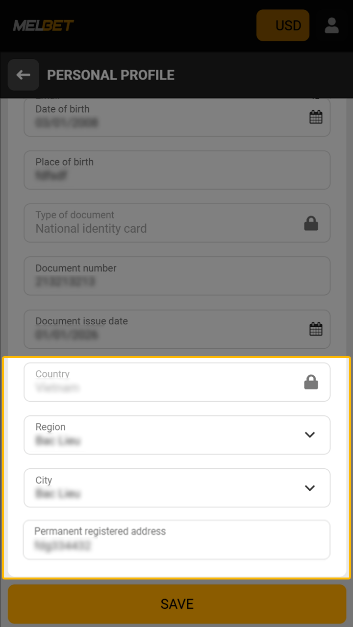 Enter your residence details to complete the Melbet KYC process.