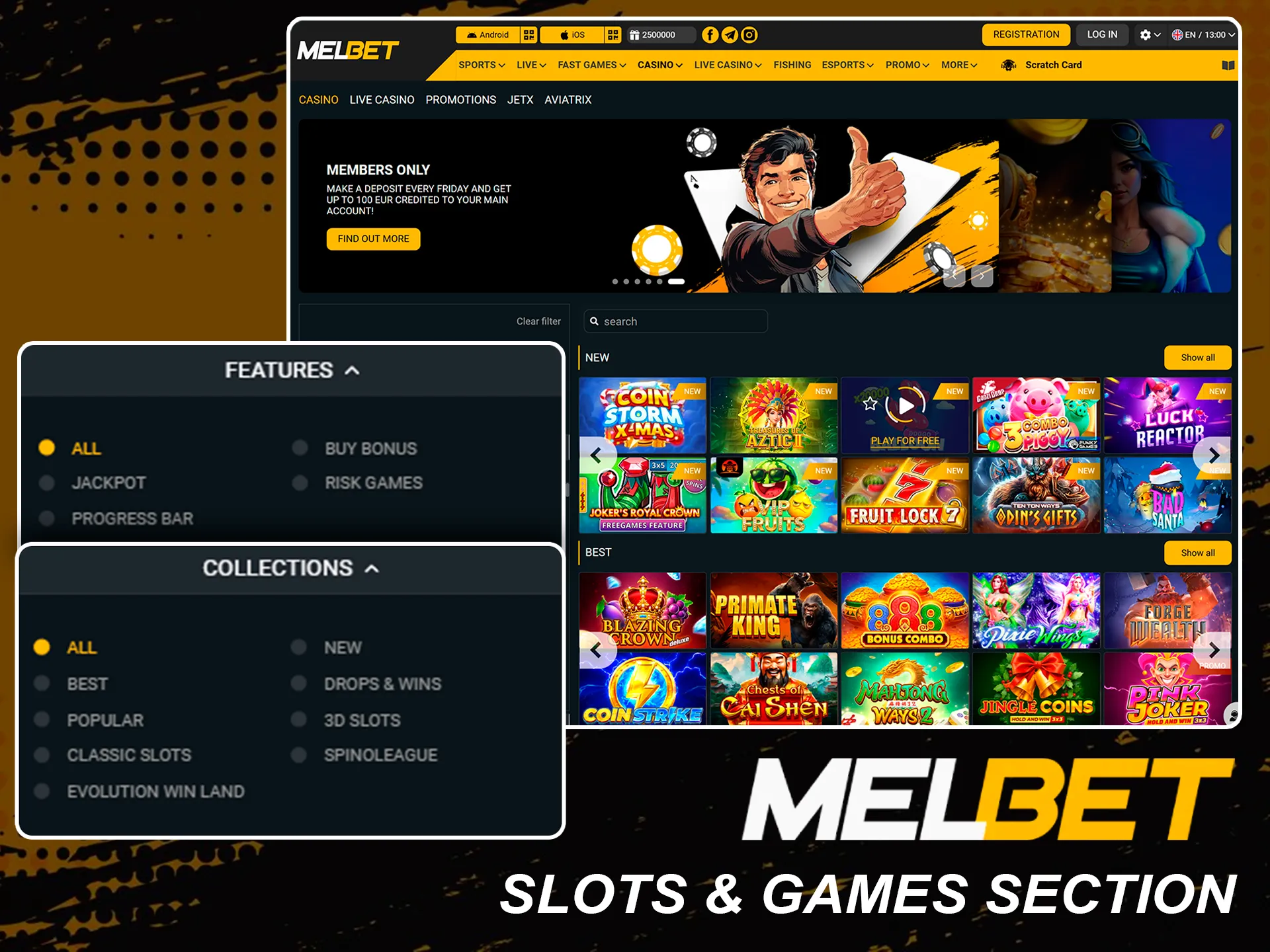 Explore different casino slot sections on Melbet site.