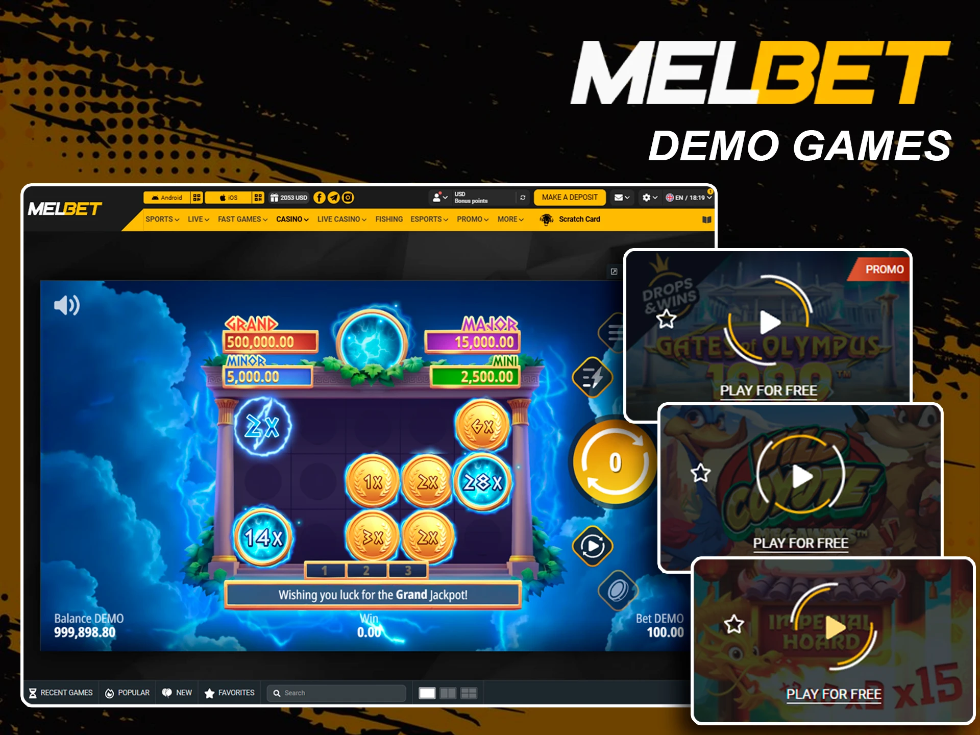 Try free demo slot games at Melbet casino.