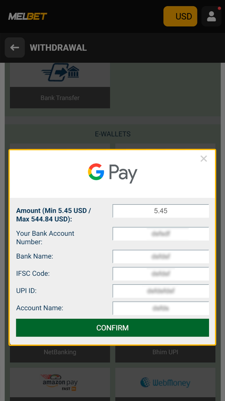 Selecting payment details in the Melbet app interface.