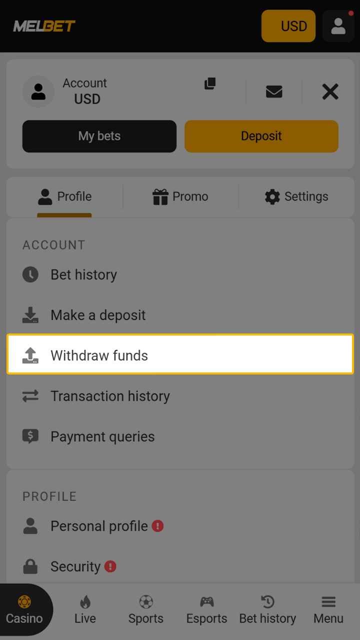 Opening the withdrawal menu within Melbet mobile application.