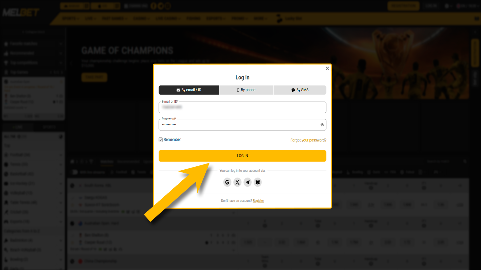 Sign in to Melbet to start a withdrawal.
