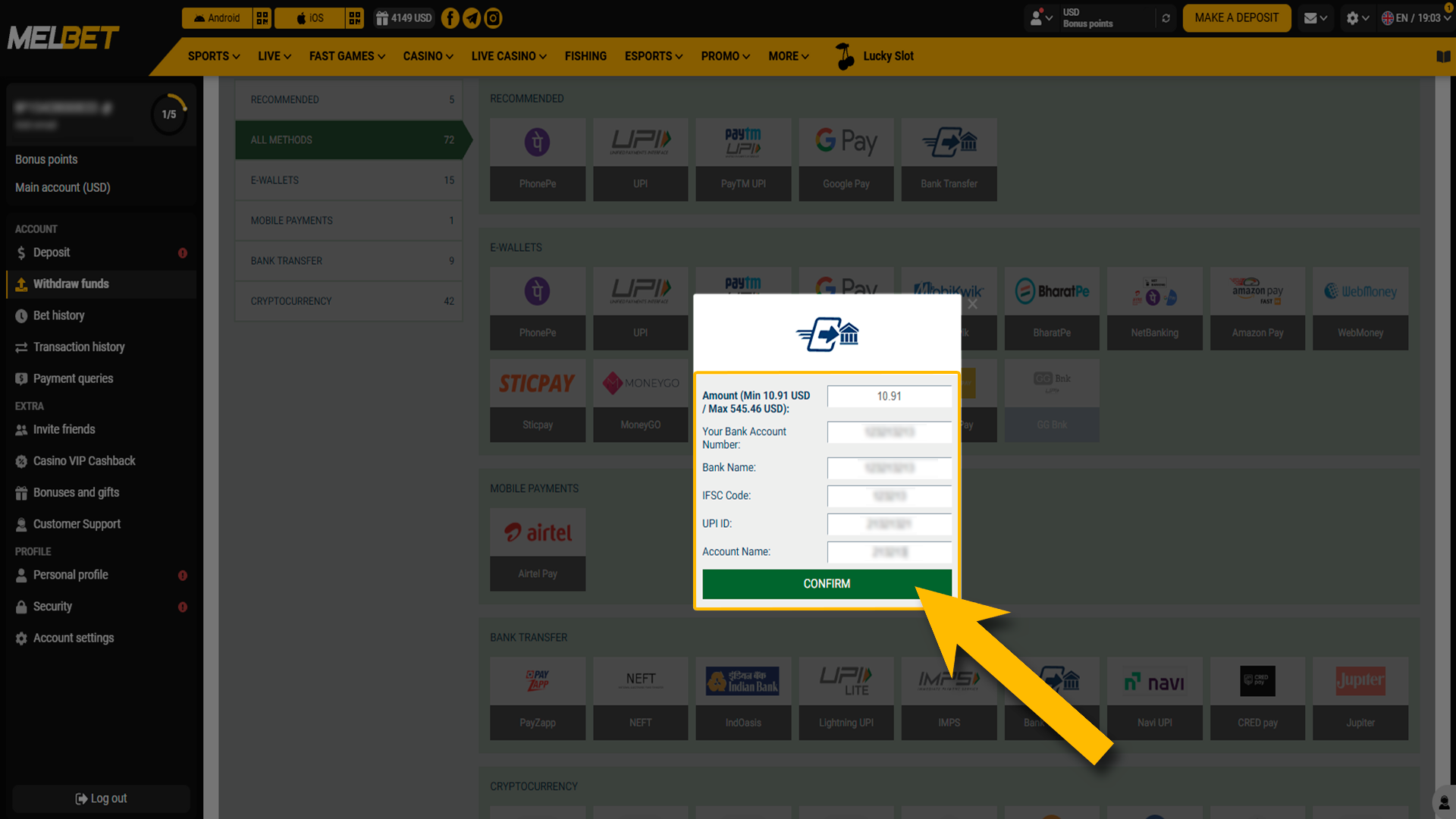 Choosing withdrawal method and amount on Melbet platform.
